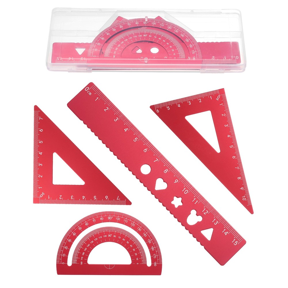 4 Pcs Geometry Drafting Tool, Math Tool Includes 15cm l Ruler, Red