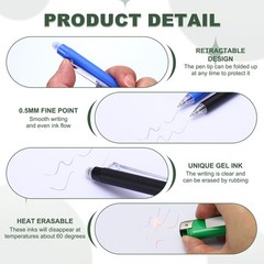 6Pcs 0.5mm Fine Point Retractable Erasable Gel Pens, Black