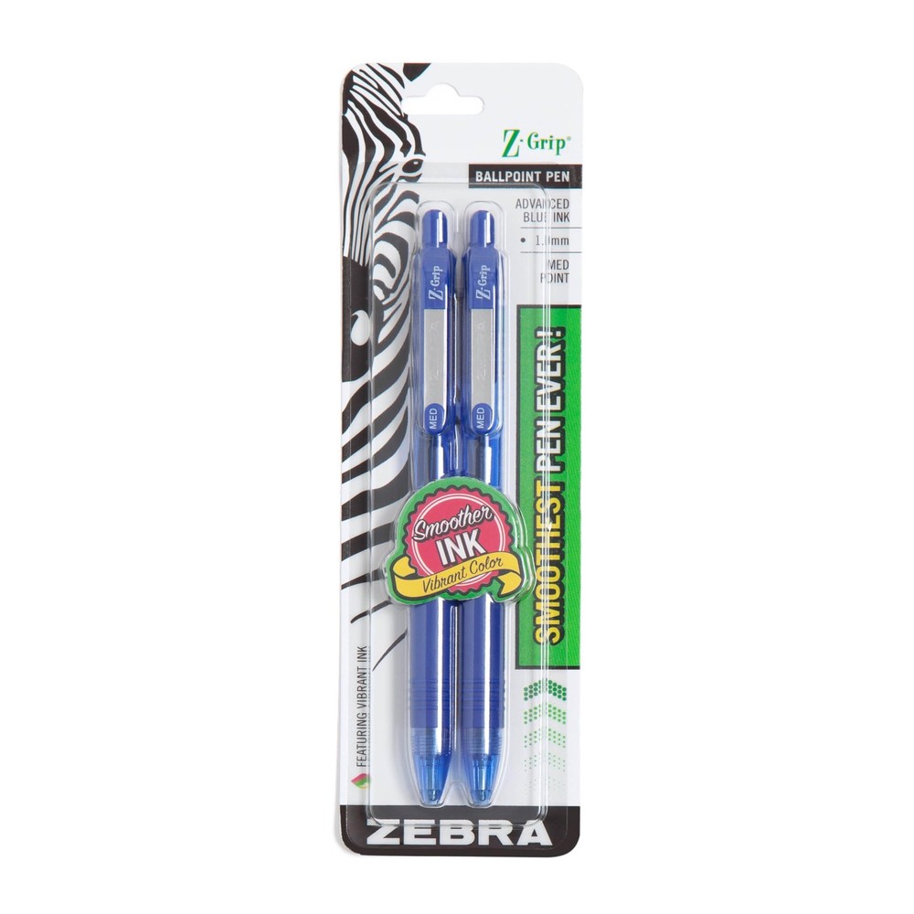 Zebra Pen Z-Grip Retractable Ballpoint Pen, Medium Point, 1.0mm,Blue Ink,2-Count