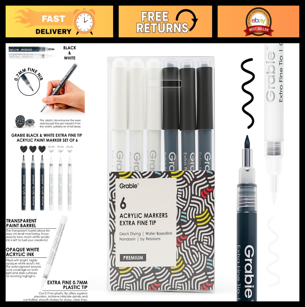 Extra Fine Tip Acrylic Paint Marker Set, 6 Pack, 0.7mm for Rock, Glass, Canvas A