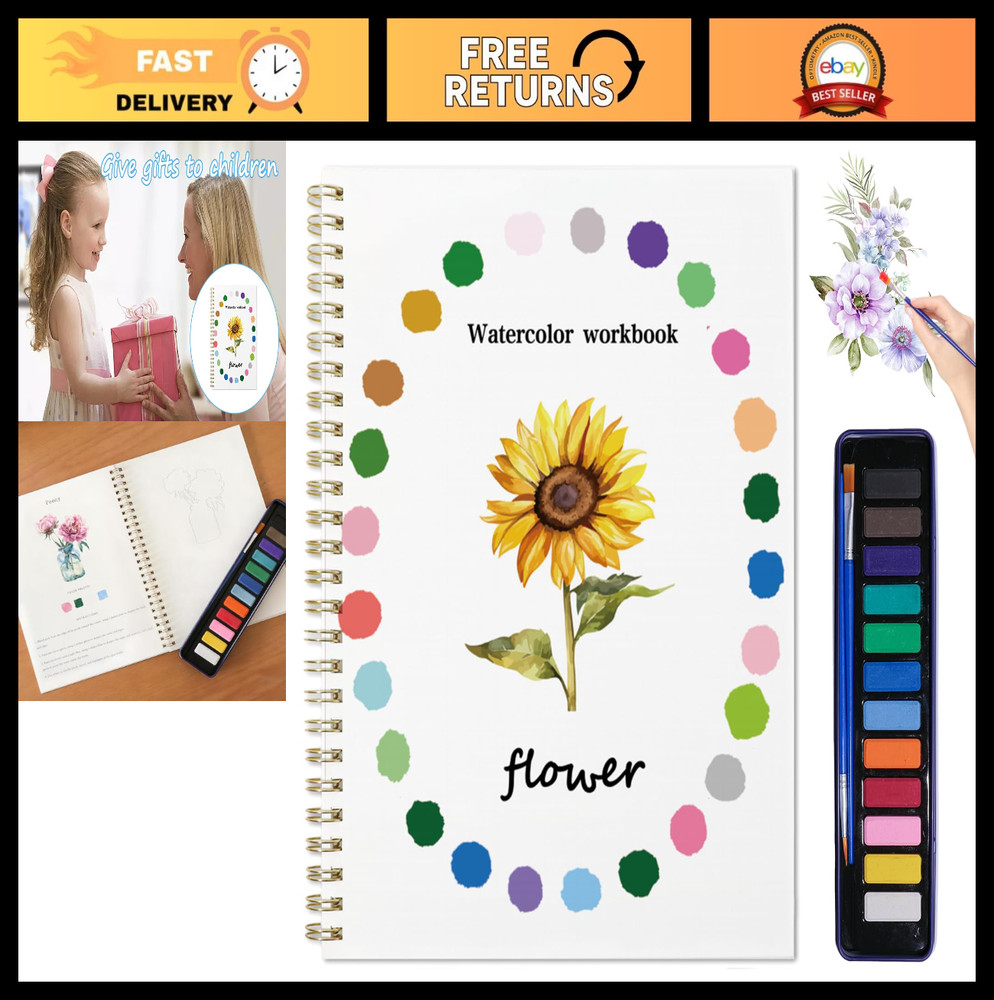 Watercolor Sketchbook for Adults – 12 Beginner Illustrations, Lay-Flat Spiral, 1