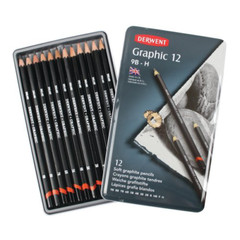 Tin of 12 Derwent Graphic Black Lead Pencils Soft Grades 9B-H Minor dents in Lid