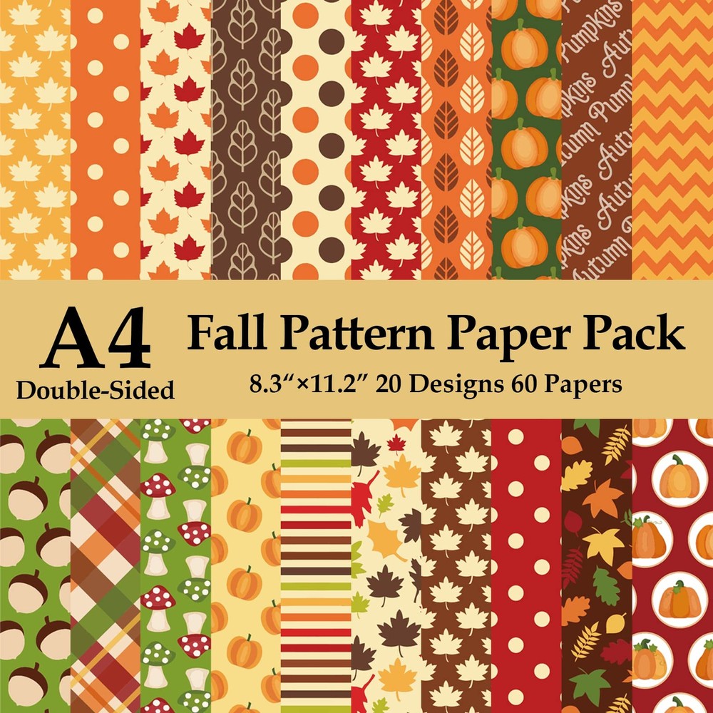 60 Sheets Autumn Fall Pattern Paper 8.5 x11 inch Pumpkin Leaves white