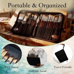 26Pcs Paint Brush Set with Stand-Up Case, Travel Small, Brown