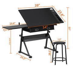 Drafting Desk Drawing Table Adjustable Tabletop with Stool Arts & Crafts Black