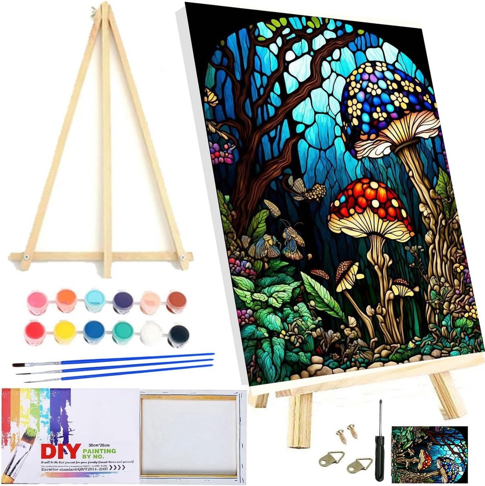 Mushroom Paint by Numbers Kit for Adults Beginners- DIY Acrylic Stained Glass…