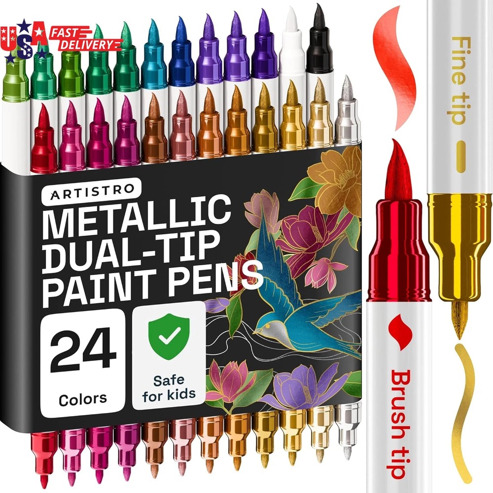 24 Metallic Acrylic Paint Markers – Paint Pens for Drawing, Brush + Fine Tips…