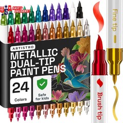 24 Metallic Acrylic Paint Markers – Paint Pens for Drawing, Brush + Fine Tips…