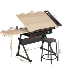 Adjustable Drawing Table with Storage Drawers, Art Organizer, Stool, 39″ x 23.6″