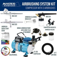 Master 3 Airbrush Dual Fan Air Compressor Professional Kit, Gravity Siphon Feed