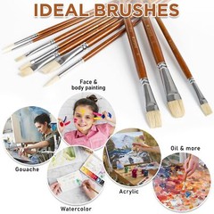 10pcs White Hog Hair Artist Paint Brush Set by Perfect for Acrylic Oil Brown