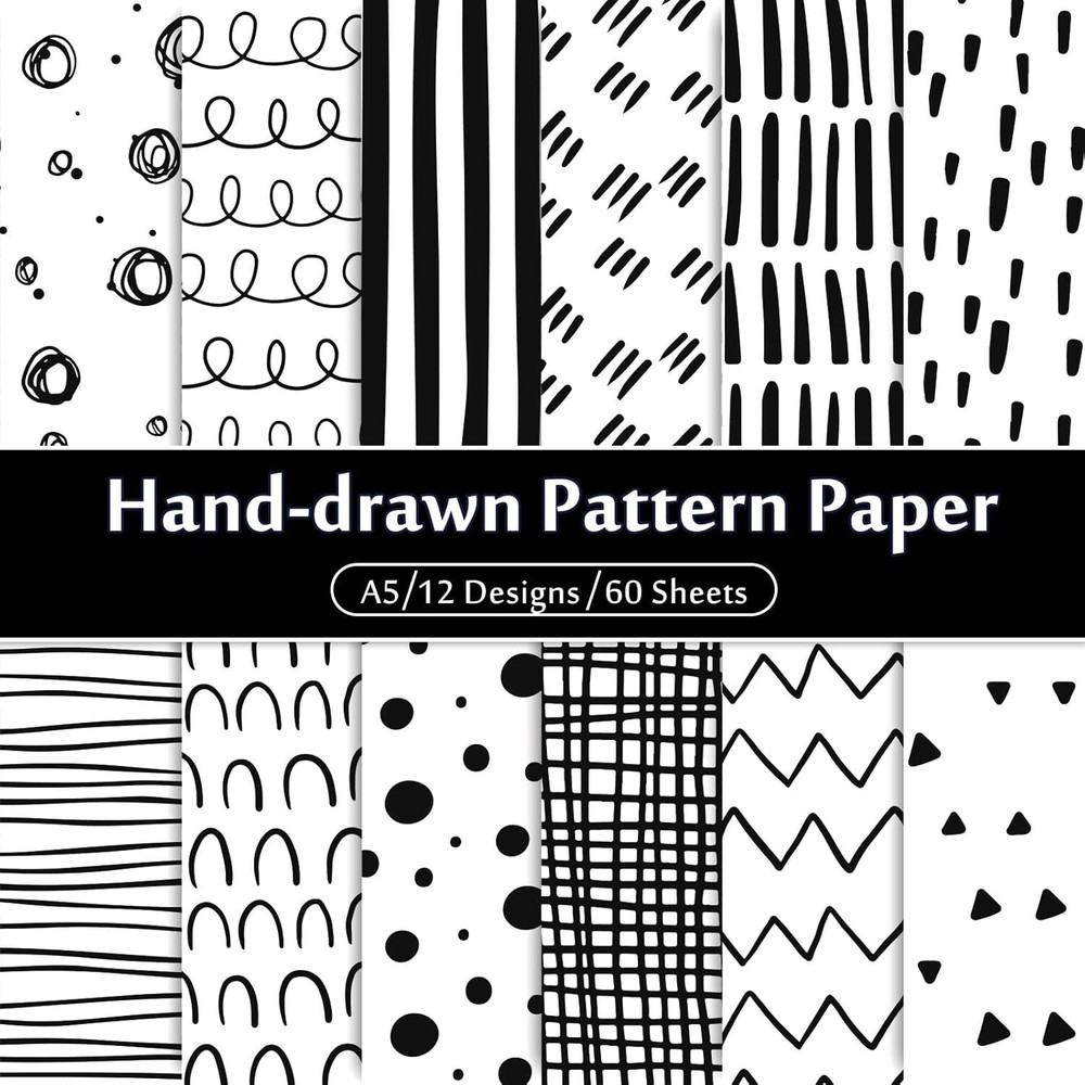 60 Sheet Black/White Doodle Pattern Paper A5 Size Hand Drawn Squiggles 12 Design
