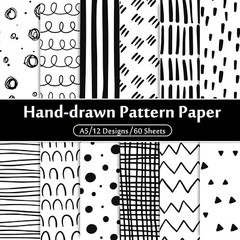 60 Sheet Black/White Doodle Pattern Paper A5 Size Hand Drawn Squiggles 12 Design
