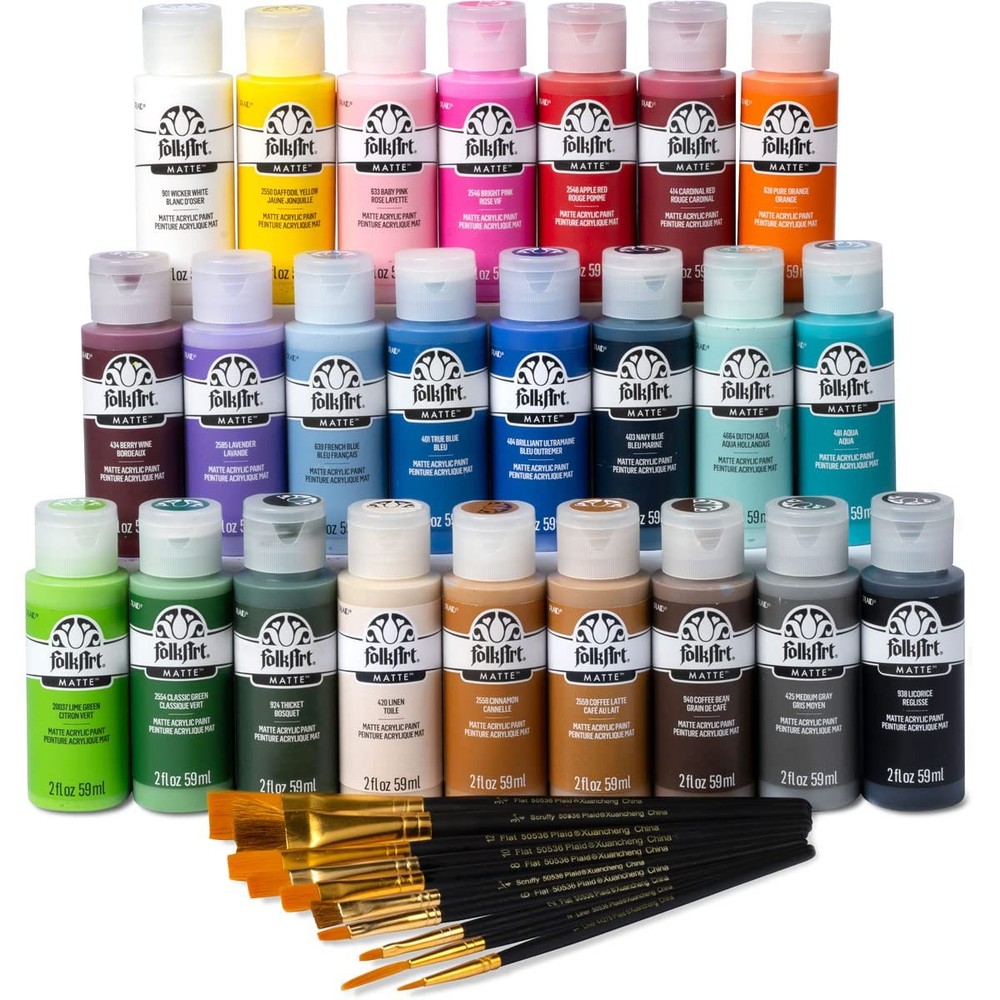 99445 24 Bottle Acrylic Craft Paint Set with 10 Pack of Brushes, 2oz, Colors …