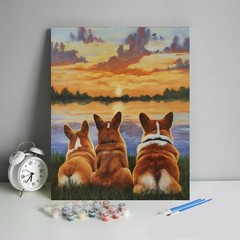 Adult Paint by Number Kits on Canvas, Three Corgis in The Sunset Adult Paint