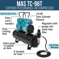 Master Airbrush Cool Running Powerful 1/4hp Twin Piston Air Compressor Tank