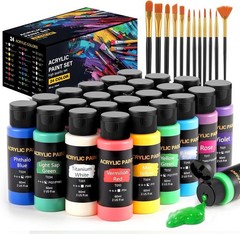 Acrylic Paint Set 5 or 24 Colors 2 oz/Bottle with 12 Art Brushes, Art Supplies