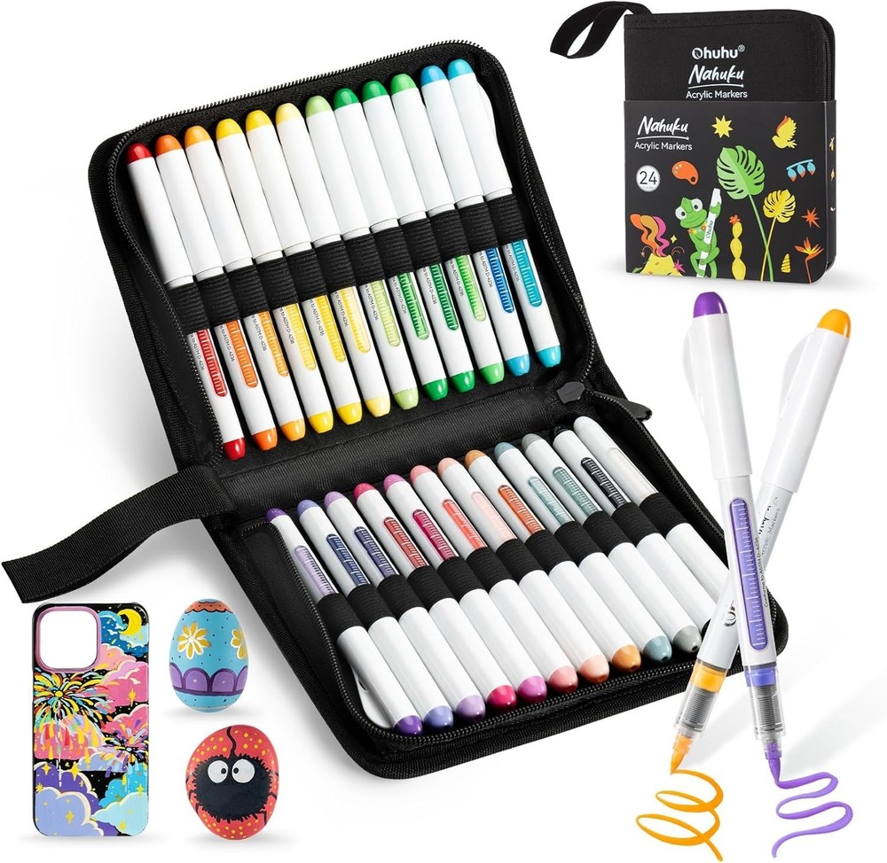 Acrylic Paint Pens, 1.5MM Brush Tips Acrylic Markers 24 Colours High Opacity Wat