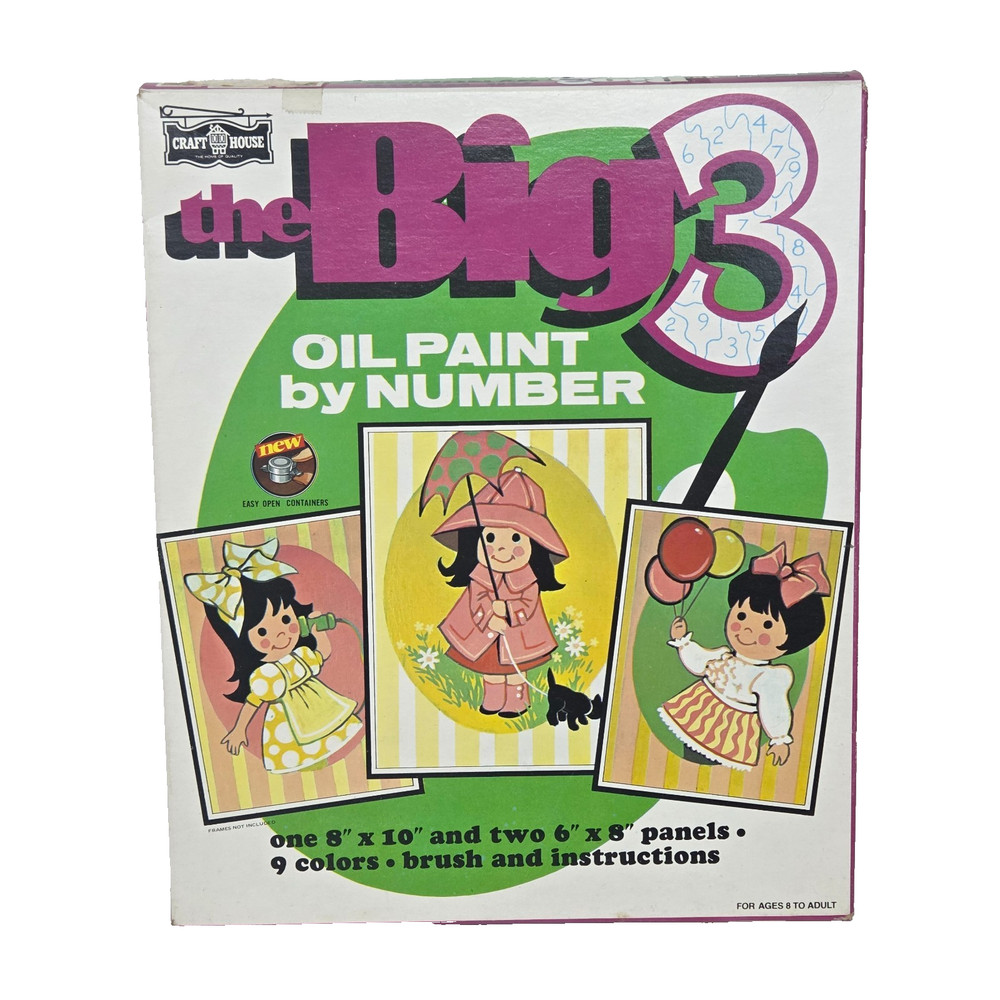 VINTAGE 1970’s CRAFT HOUSE THE BIG 3 OIL PAINT BY NUMBER KIDS CRAFT IN BOX