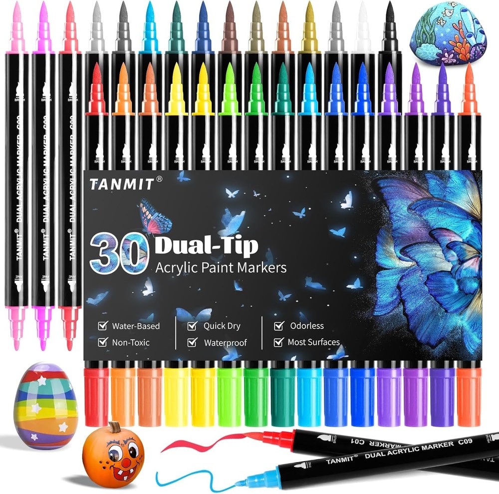 30 Colors Acrylic Paint Pens, Dual Tip 1 Count (Pack of 30), Multicolor