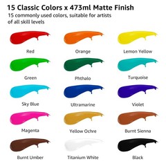 Large Bulk Acrylic Paint Set, 15 Colors (473 ml/16 fl oz), Matte Finish, Rich…