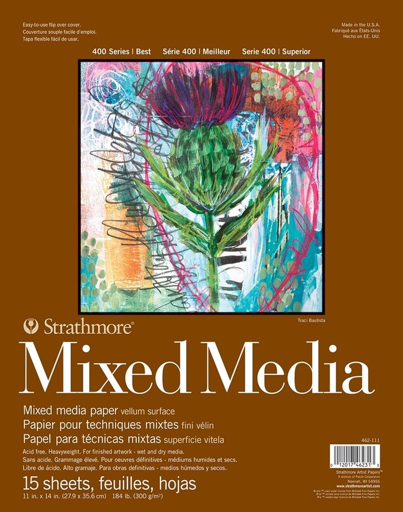 Strathmore 400 Series Mixed Media Pad, 11″x14″ Glue Bound, 15 Sheets, White