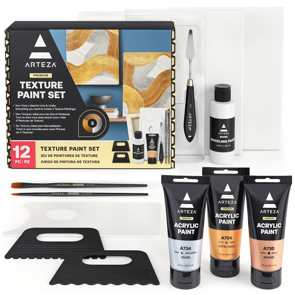Texture Acrylic Paint Set with Metallic Colors, Canvases, Modeling Paste & Tools
