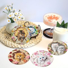 8 Pcs Diamond Art Coasters Kits for Adults with Holder Cork Pads, Cat Diamond Pa