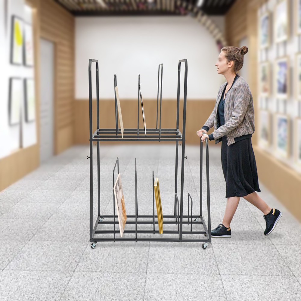 2 Tier Art Canvas Storage Rack with 4 Wheels Display Stand for Painting Board