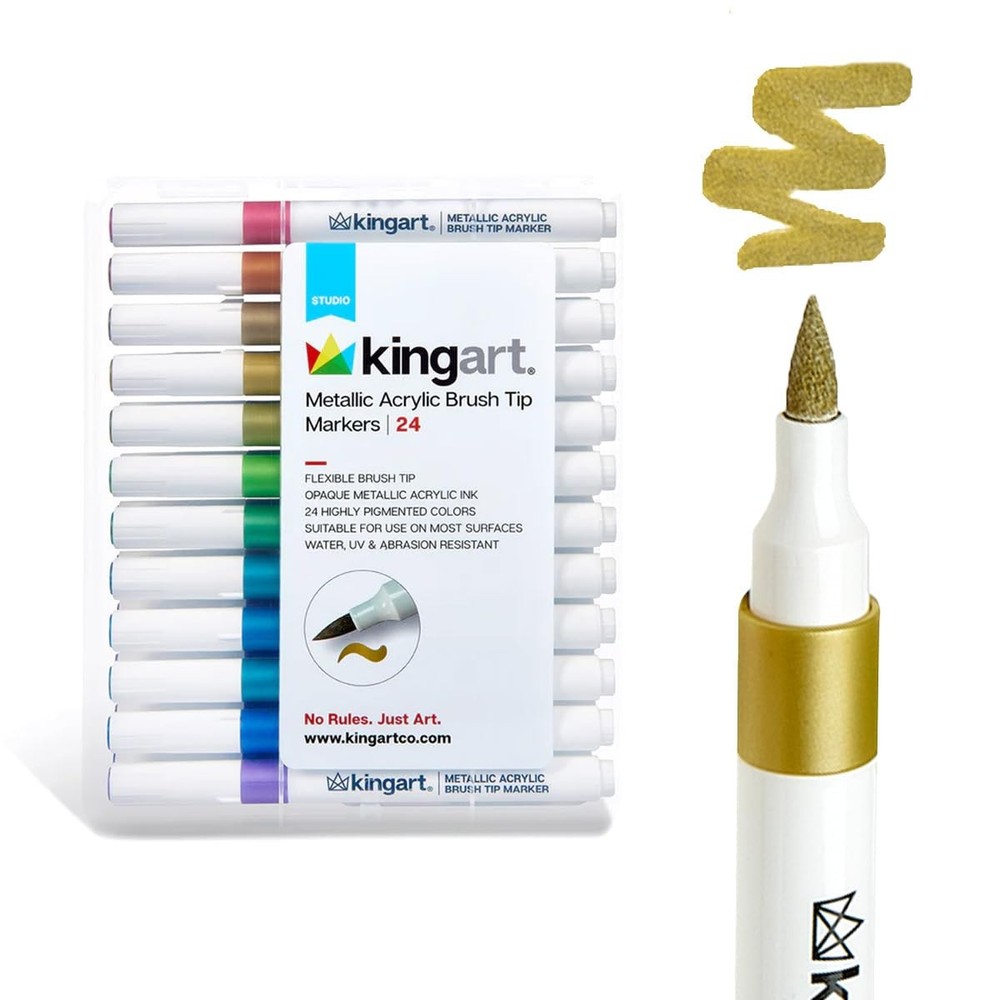 KINGART¬Æ Metallic Acrylic Brush Tip Markers (442-24B), Set of 24