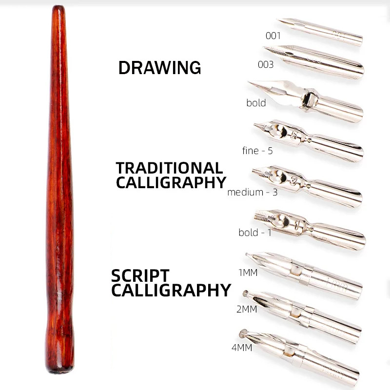 Wooden Dip Calligraphy Fountain Pen Nib Holder with 9 Interchangeable Nibs