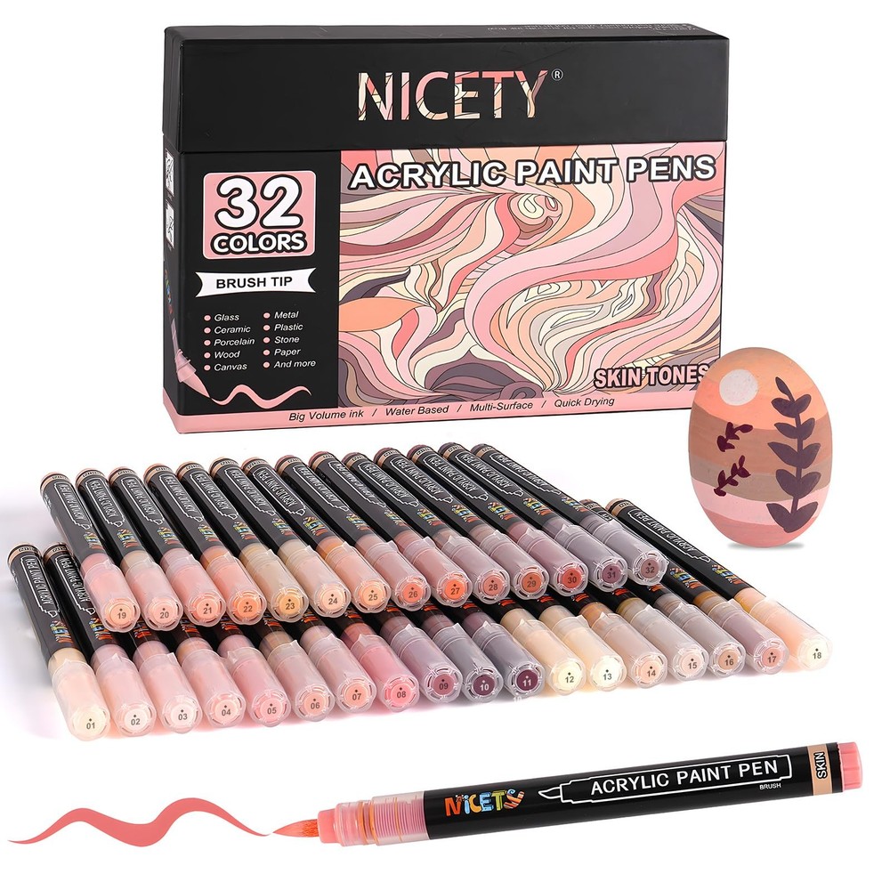 32 Colors Acrylic Paint Markers, Paint Pens Brush Tip Water-Based Acrylic Mar…
