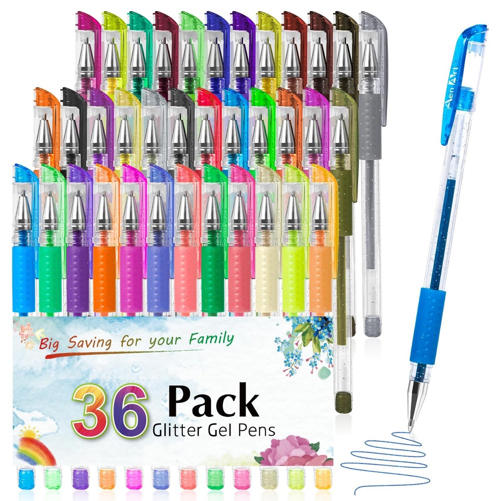 Aen Art Glitter Gel Pens for Adult Coloring 1 Count (Pack of 36), 36 Colors