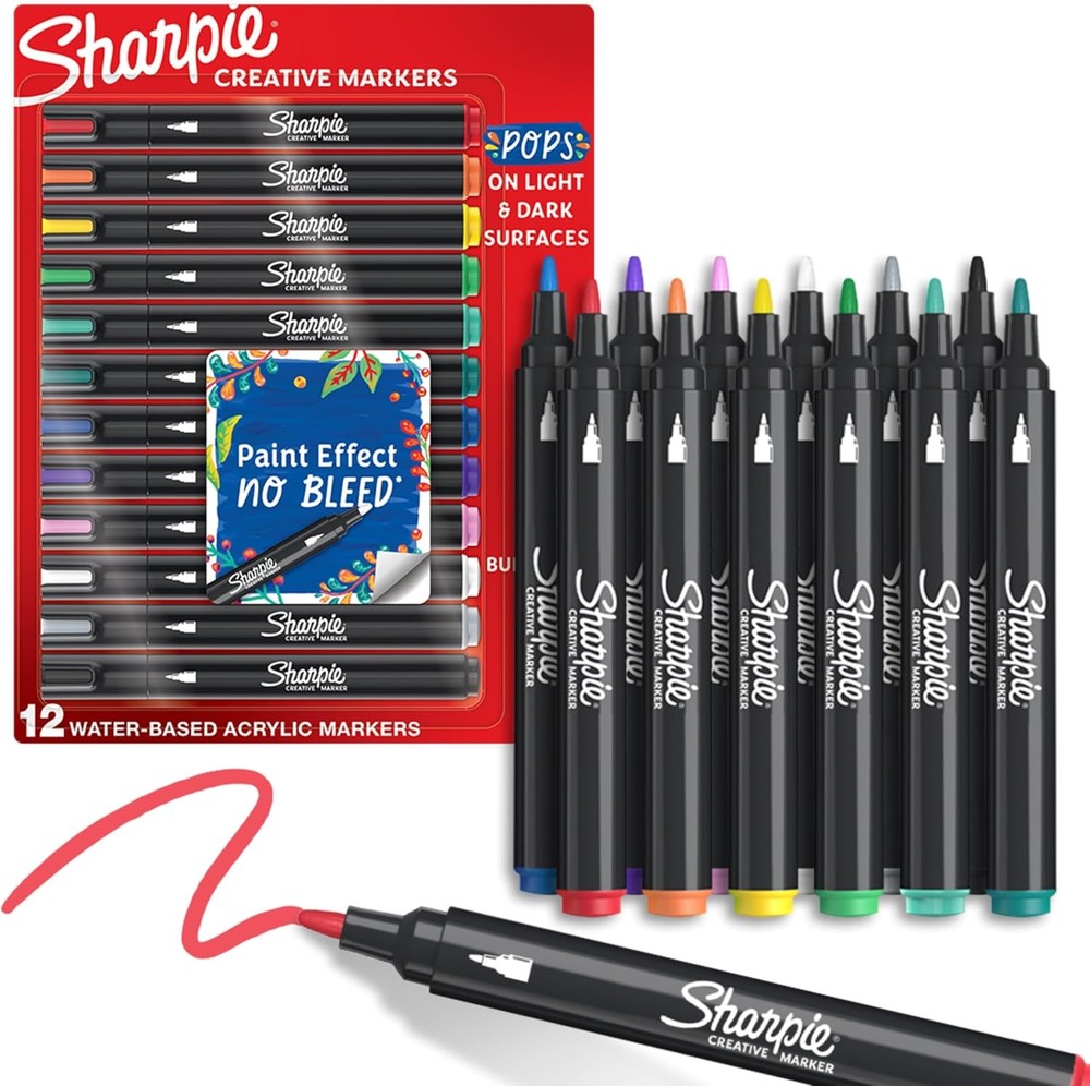Creative Markers, Water-Based Acrylic, Bullet Tip, Assorted Colors, 12 Count –