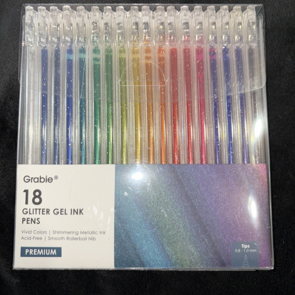 Grabie 18 Glitter Gel Ink Pens Vivid Colors, Acid Free Smooth Rollerball