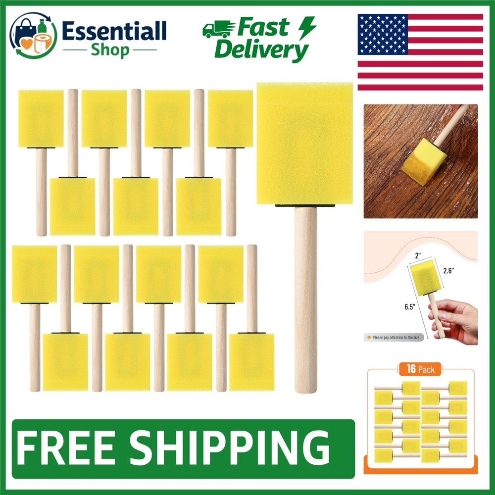16-Pack of 2-Inch Yellow Foam Paint Brushes for Effortless Painting & Staining