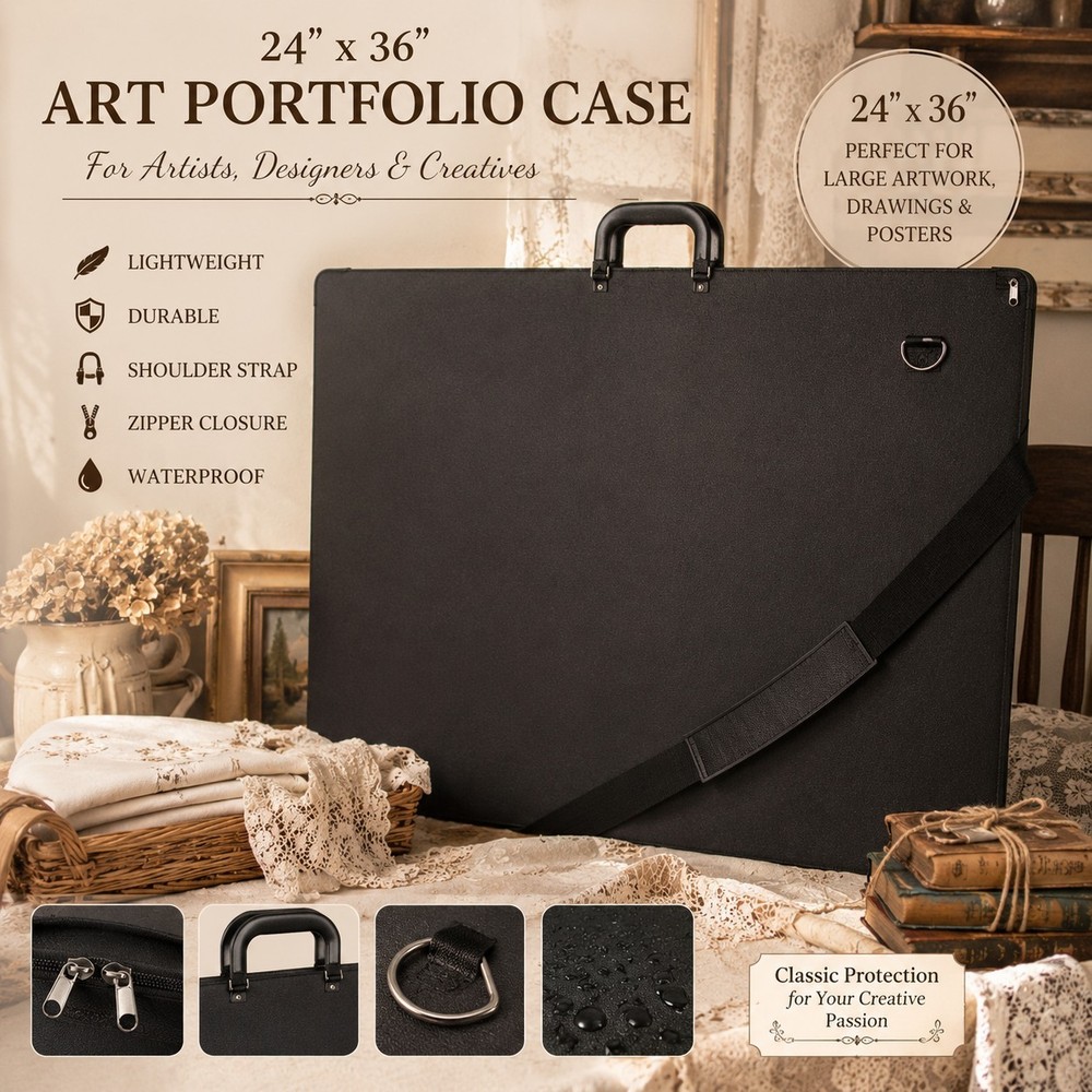 Lightweight Art Portfolio Case Black 24×36 Durable Water Resistant Strap