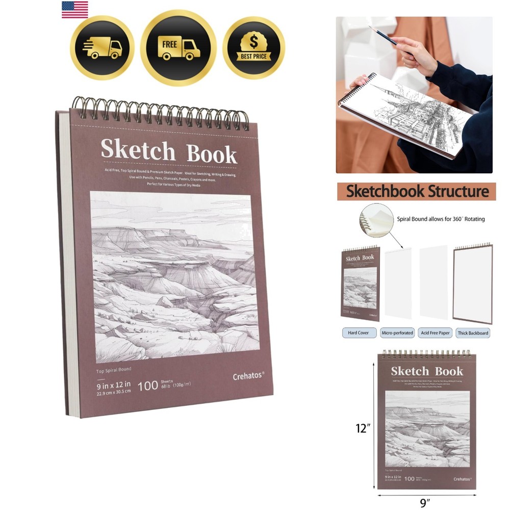 Sketch Book 9×12 Inches Top Spiral Bound 100 Sheets Drawing Paper