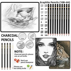 22 PCS Sketch Drawing Art Pencil Kit Graphite Black White Charcoal 10B To 6H