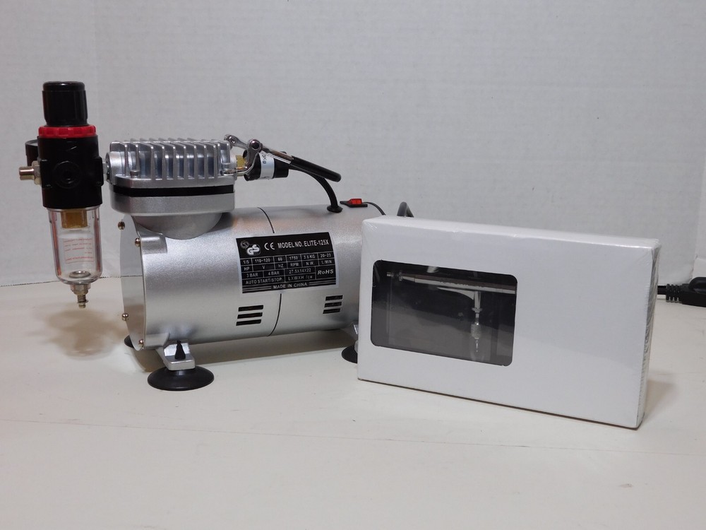 NEW 1/5 HP Elite-125X Airbrush Compressor & Point Zero Air Gun 270 Cake