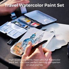Travel Watercolor Set, 12-Color Paint, 10 Premium Postcards, Brush, Brush Pen…