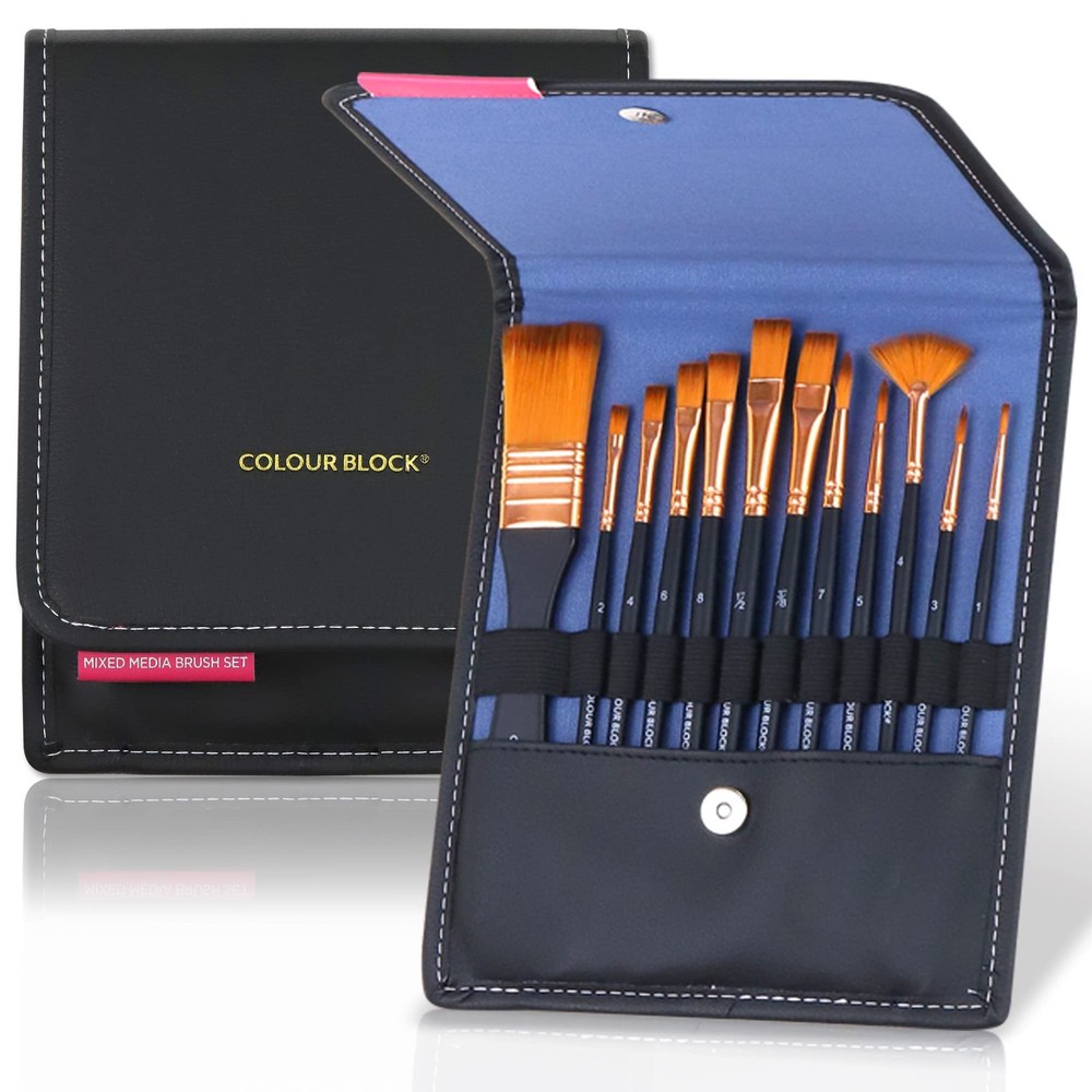 12 Pc Acrylic Paint Brushes Set Leather Case Mixed Media Watercolor Fabric