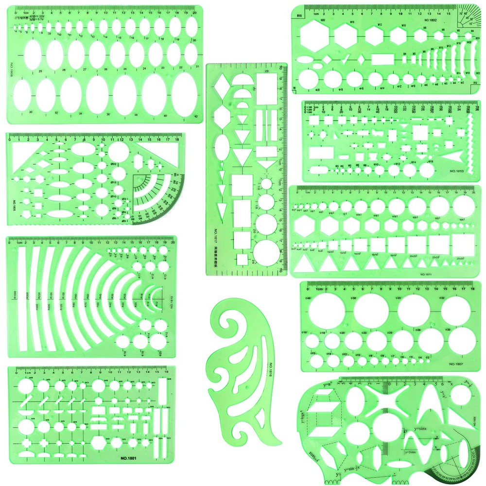 11PCS Geometric Drawings Templates, Compact (16-22 Cm X 8-15 Cm), Clear green