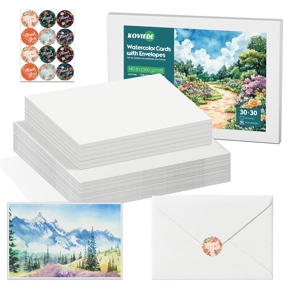 30 Pack Blank Watercolor Cards 5”x7”, 140lb/300gsm 100% Cotton Non-Folded Aci…