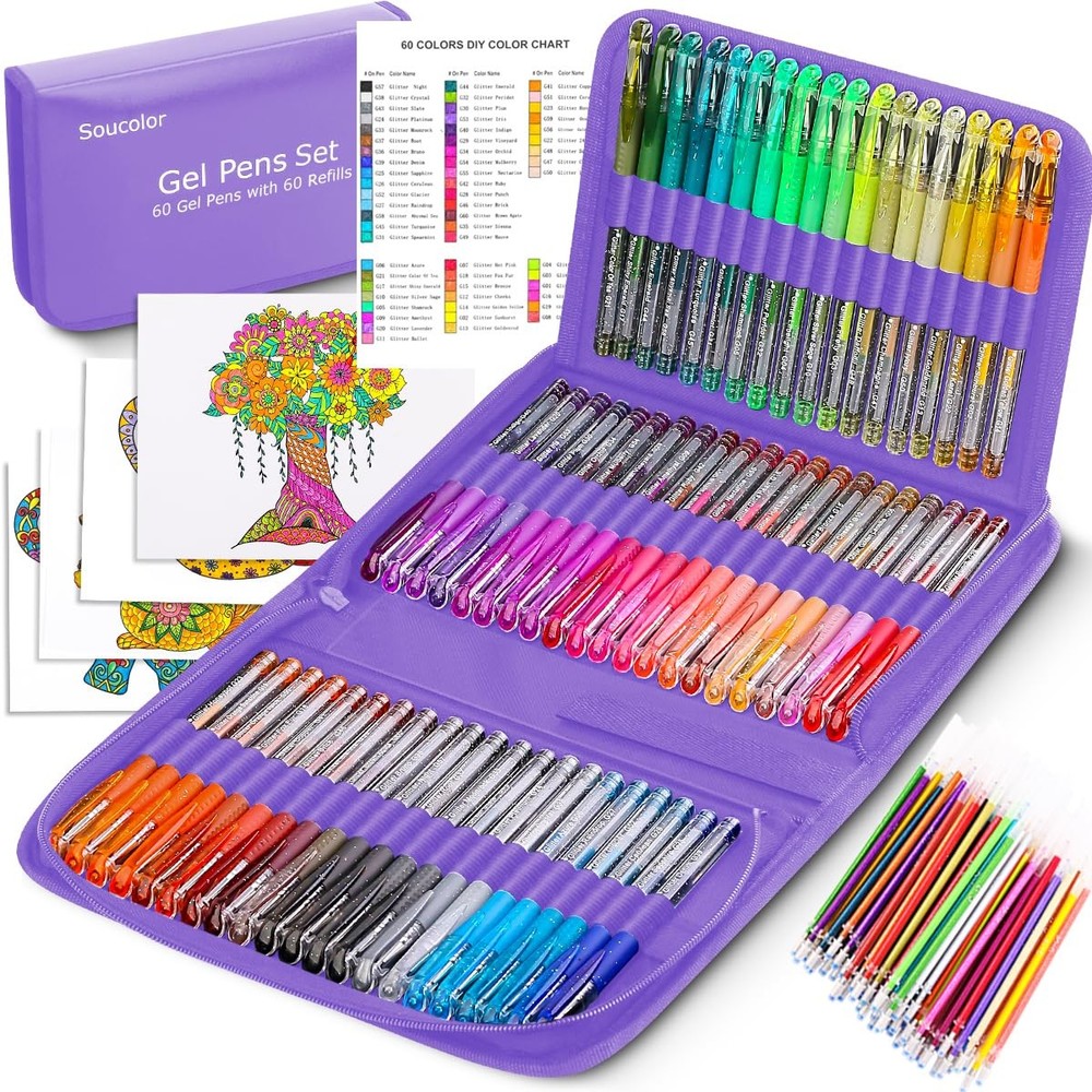 Soucolor Glitter Gel Pens for Adult Coloring Books, 120 Pack-60 , 60 Refills