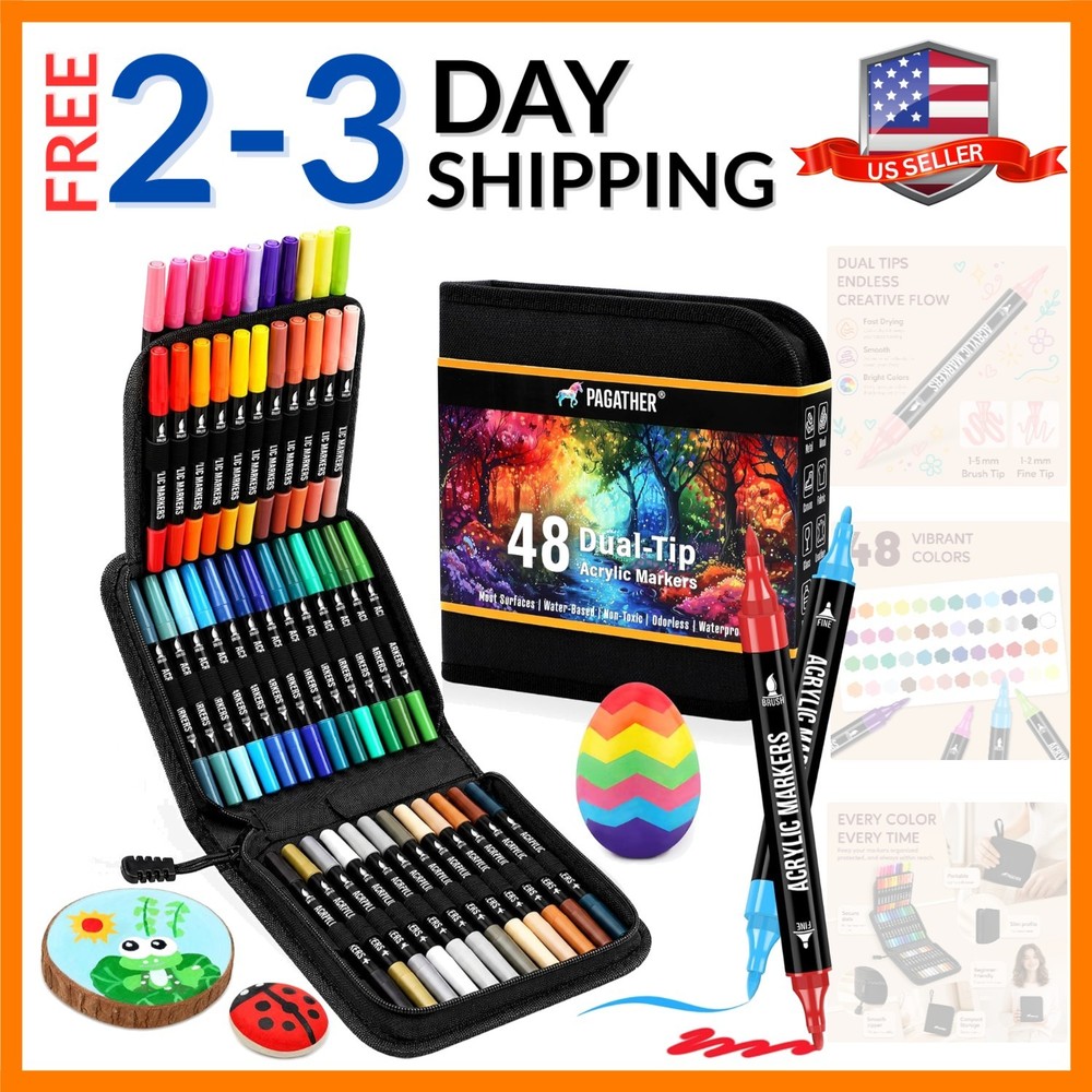 48 Colors Acrylic Paint Markers, Dual Tip with Fine Tip and Brush Tip Pens fo…