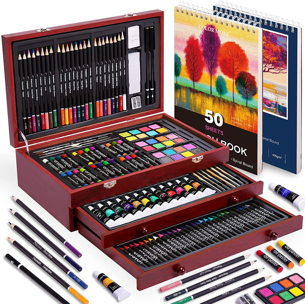 175Pc Deluxe Professional Art Set with Pads Paint Crayons Pencils in Wooden Case