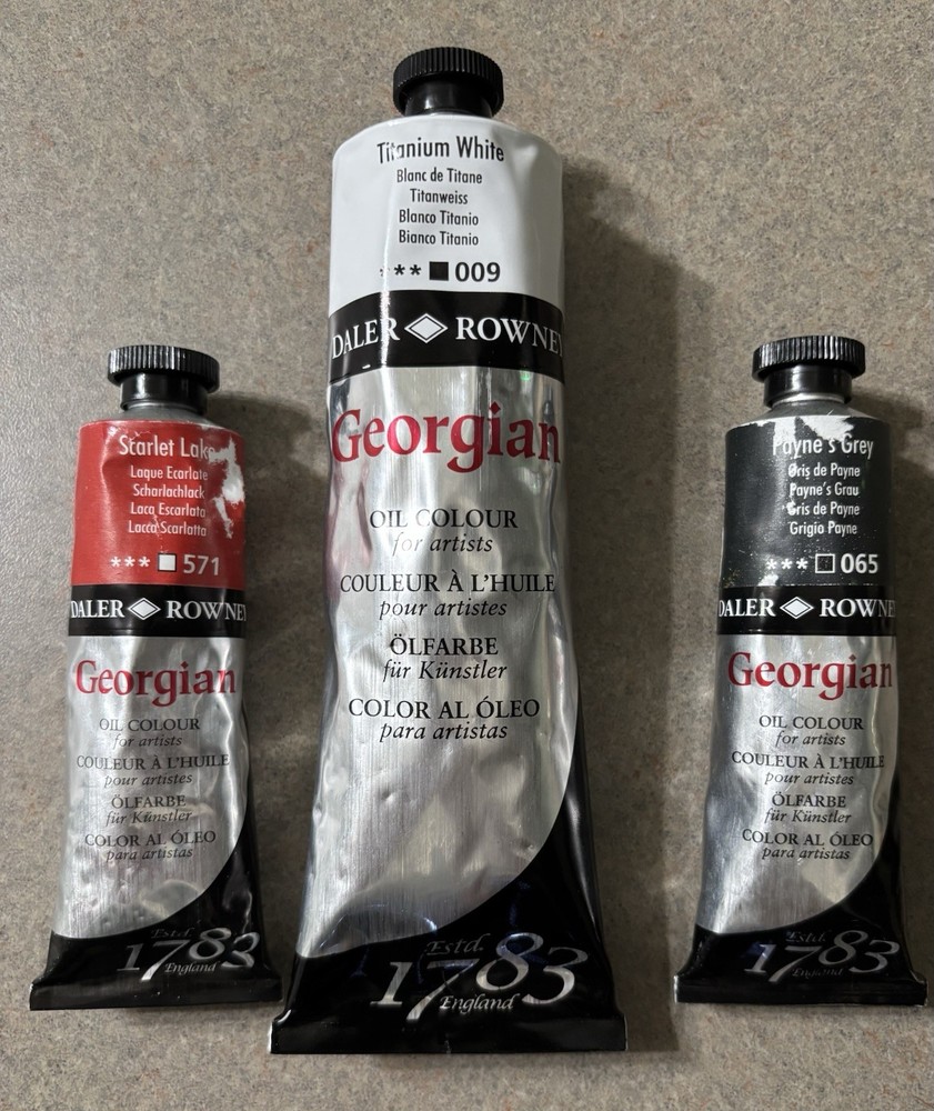 Lot of 3 Daler Rowney Georgian Oil Colour Paints Titanium White, Scarlet, & Grey