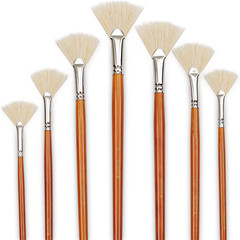 Artist Fan Paint Brush Set of 7, White Hog Bristle Natural Hair Anti-Shedding Br