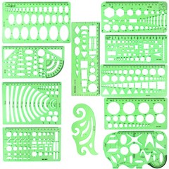 11PCS Geometric Drawings Templates, Compact (16-22 cm x 8-15 cm), Clear green